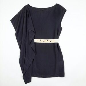 BCBGMaxAzria Silk Draped Mini Dress Womens XS Navy Grey Asymmetric Belted